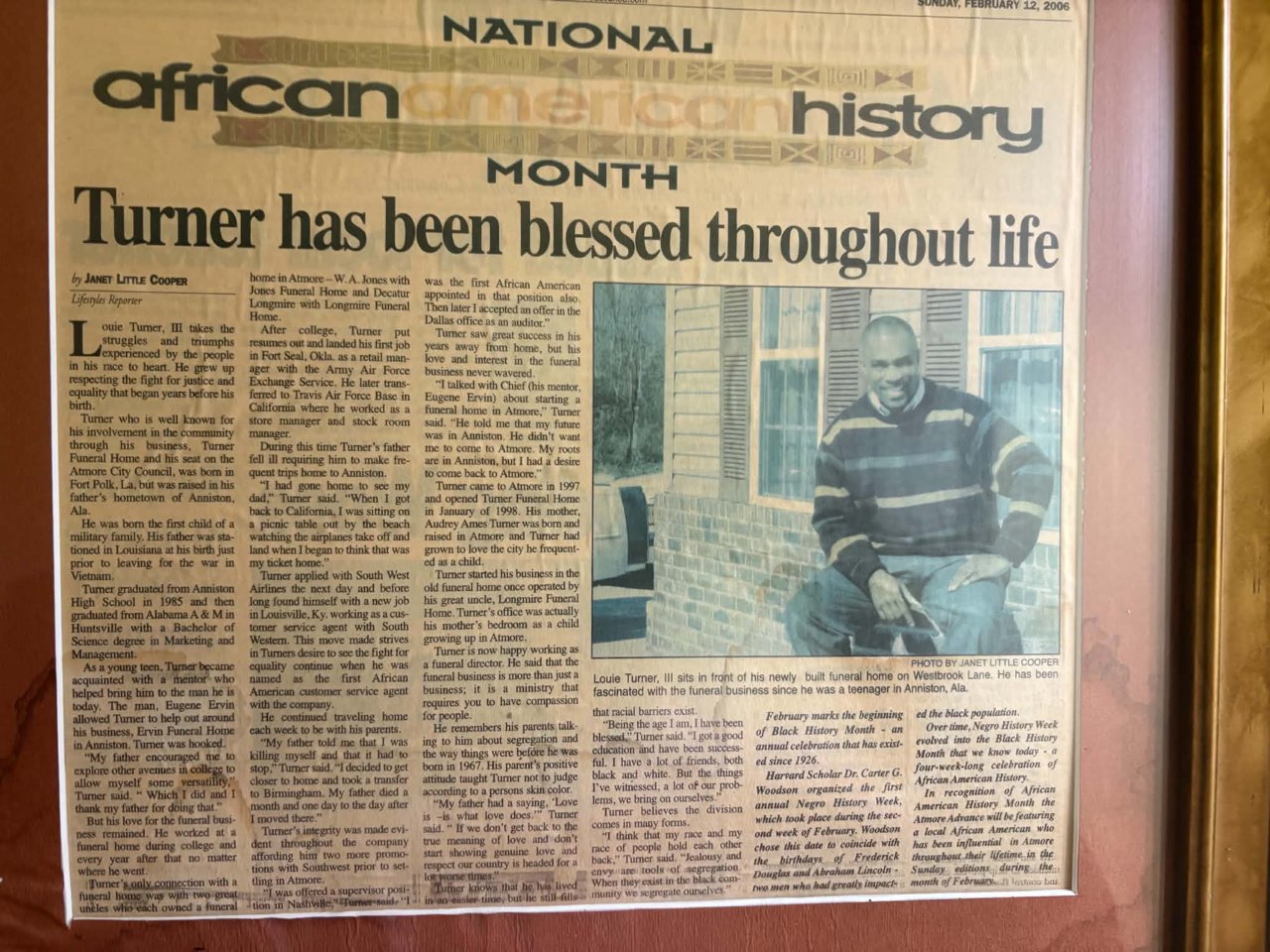 Framed newspaper clipping from The Anniston Star, February 2006, headlined “Turner has been blessed throughout life.”