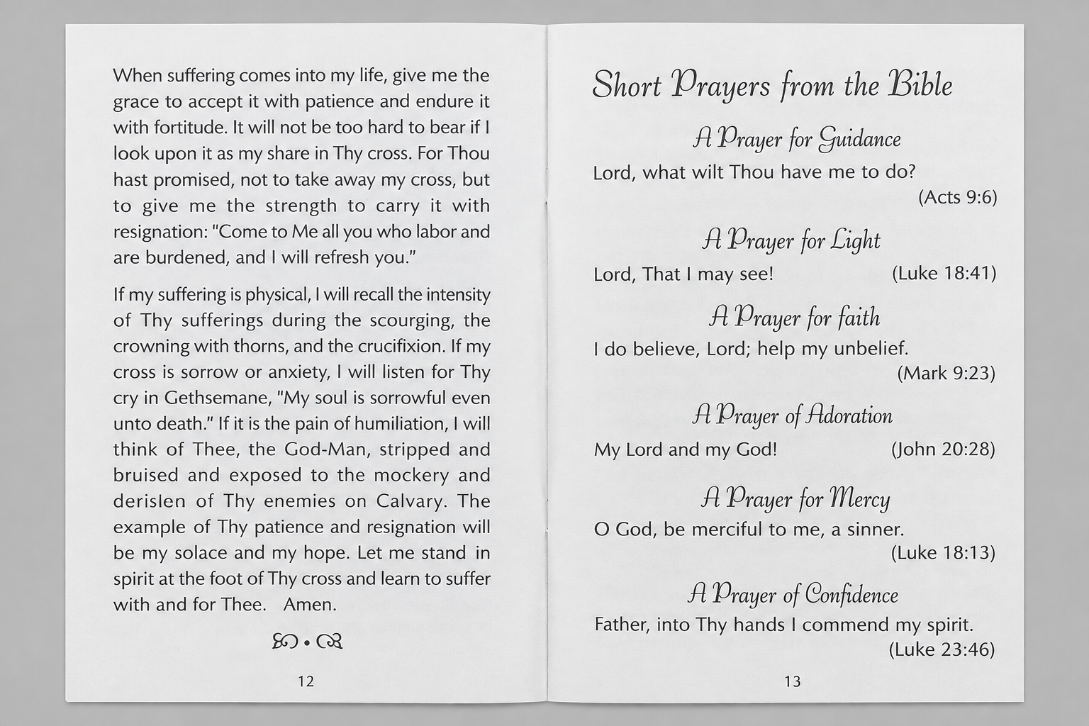 Pages 12 and 13 of Everybody’s Prayer Book, open to a prayer on suffering and to Short Prayers from the Bible.