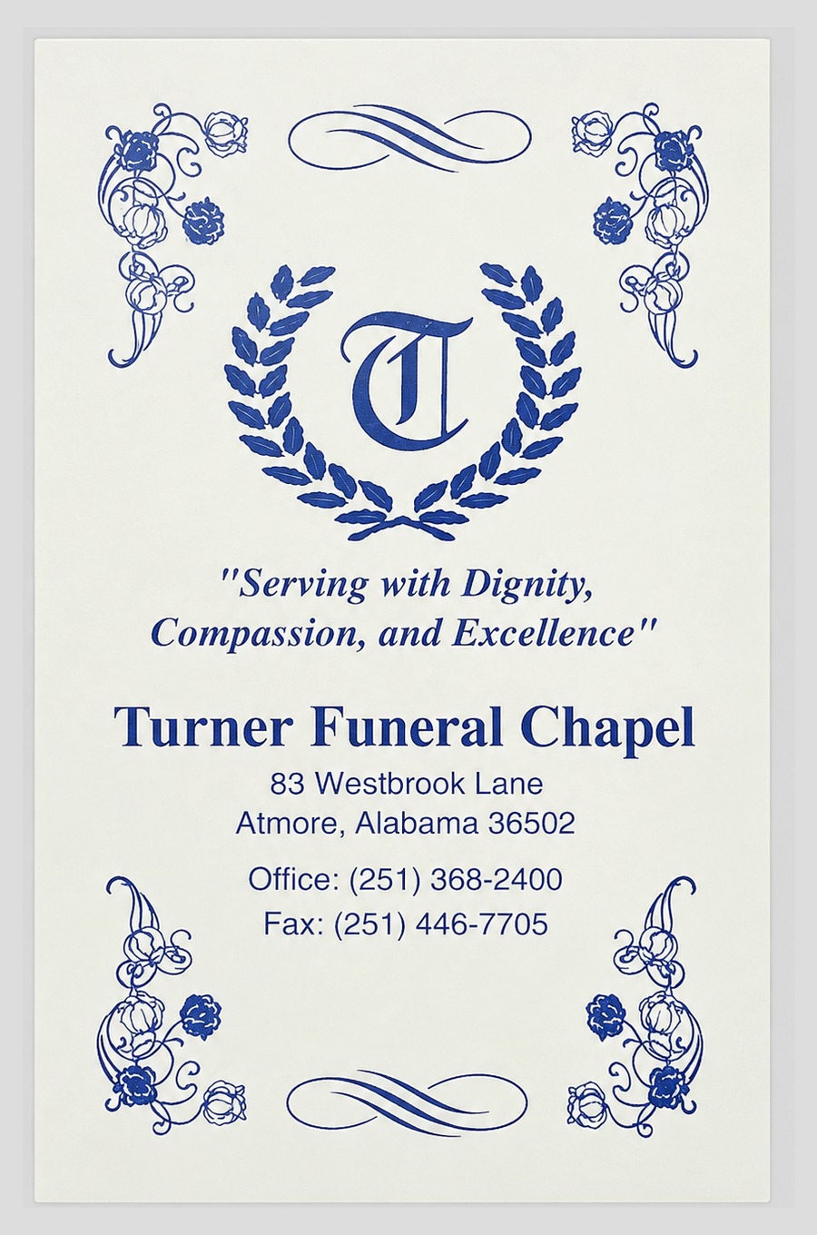 The back cover of Everybody’s Prayer Book, carrying the Turner Funeral Chapel name and motto.