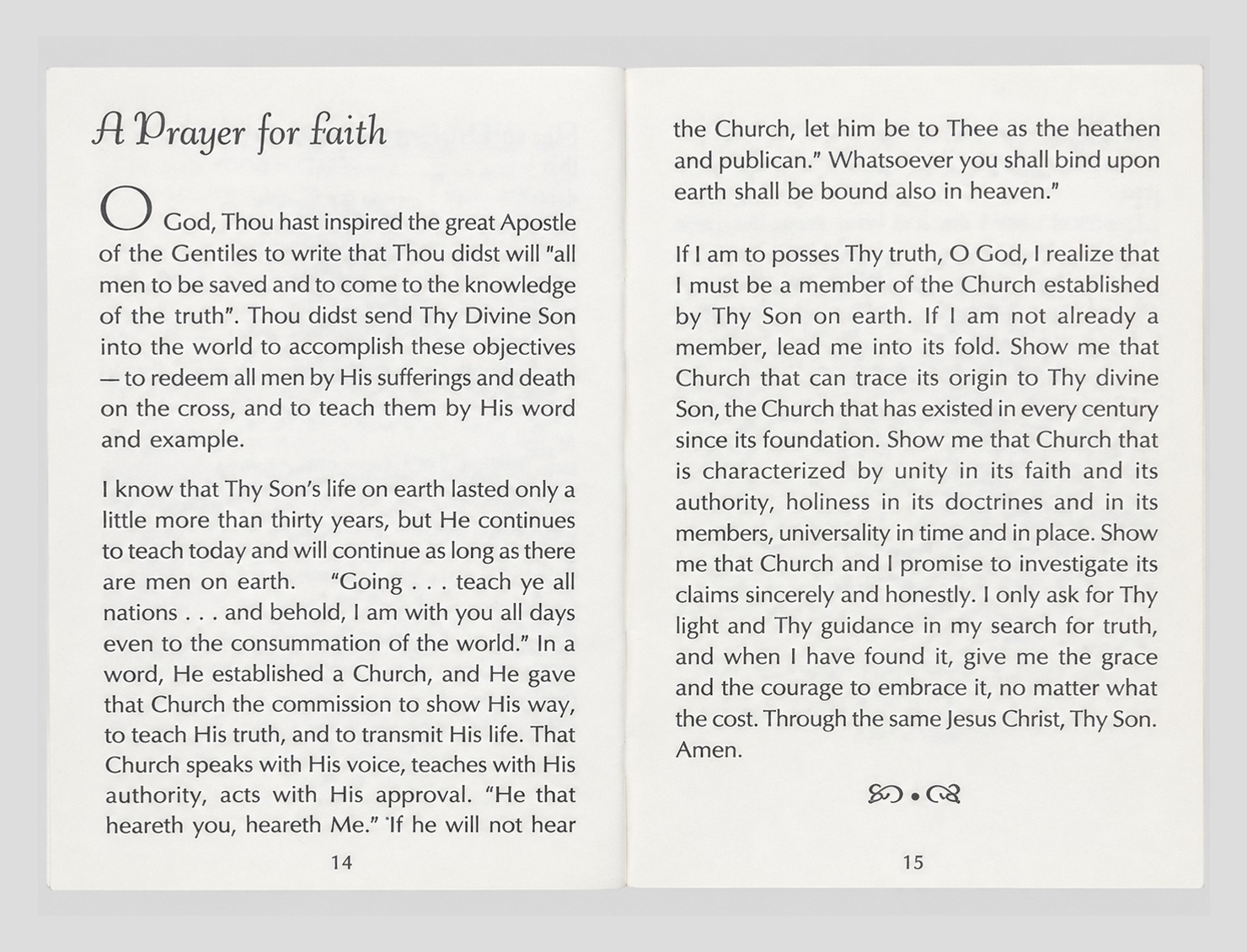 Pages 14 and 15 of Everybody’s Prayer Book, open to A Prayer for faith.