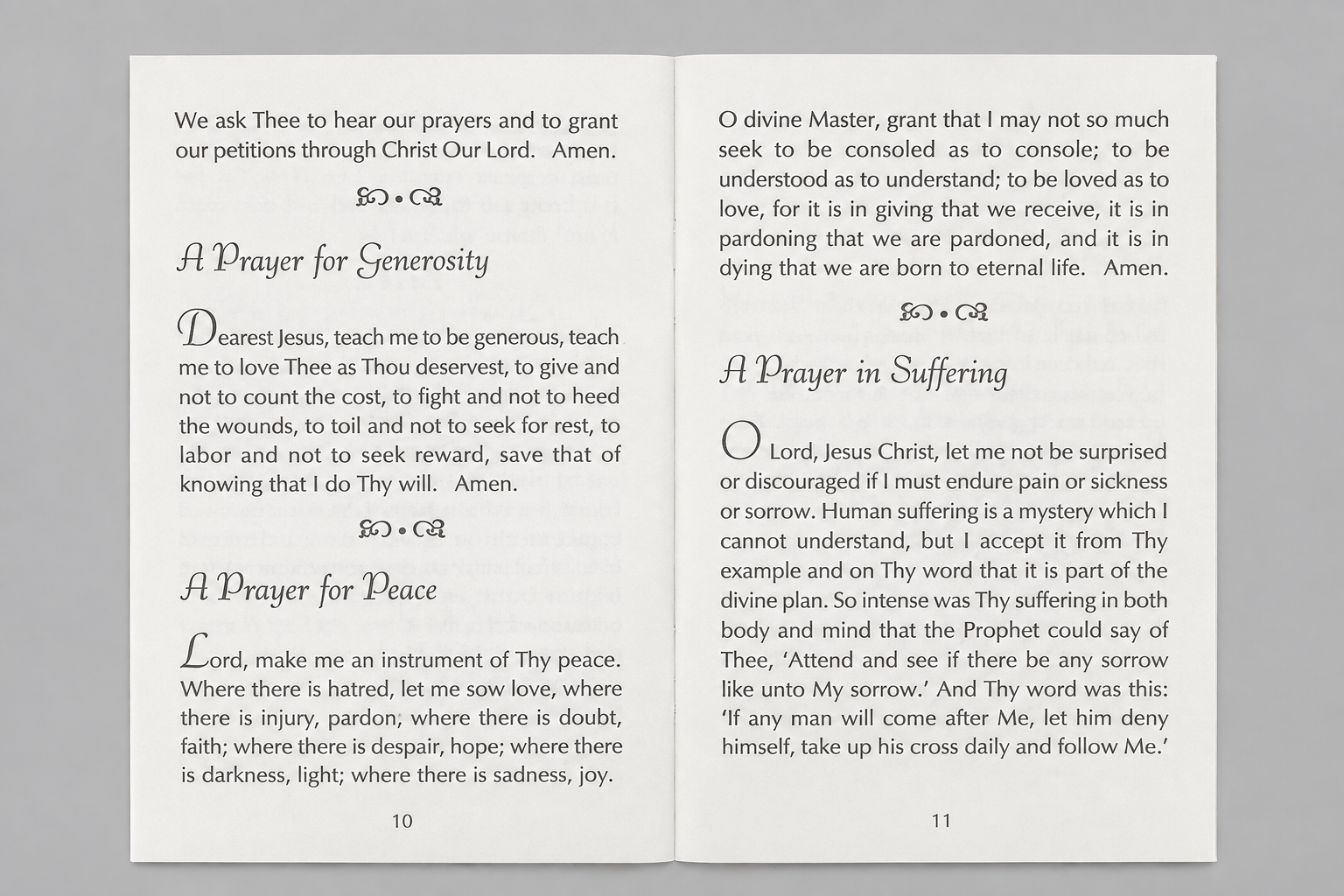 Pages 10 and 11 of Everybody’s Prayer Book, open to A Prayer for Generosity, A Prayer for Peace, and A Prayer in Suffering.