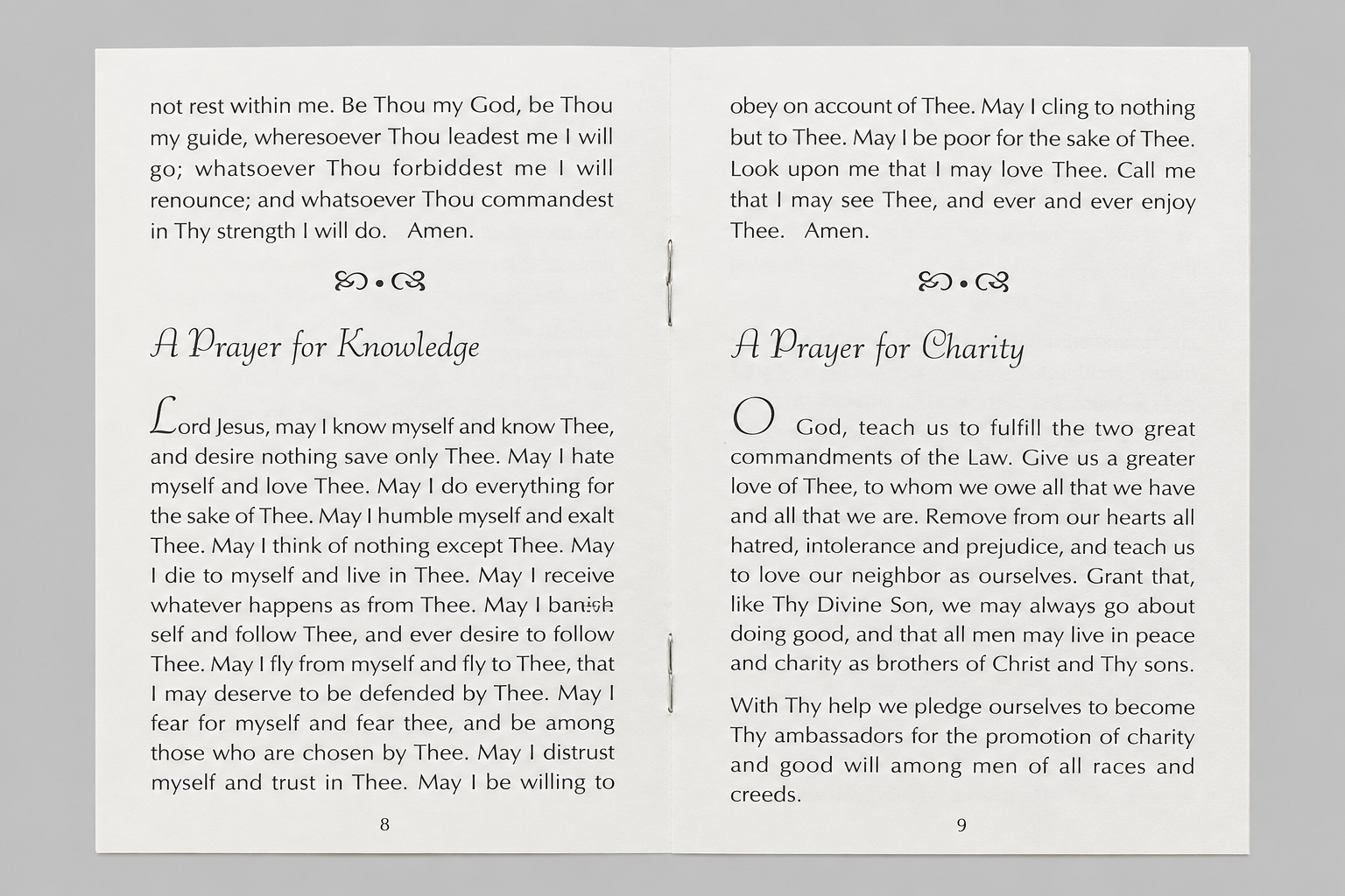 Pages 8 and 9 of Everybody’s Prayer Book, open to A Prayer for Knowledge and A Prayer for Charity.