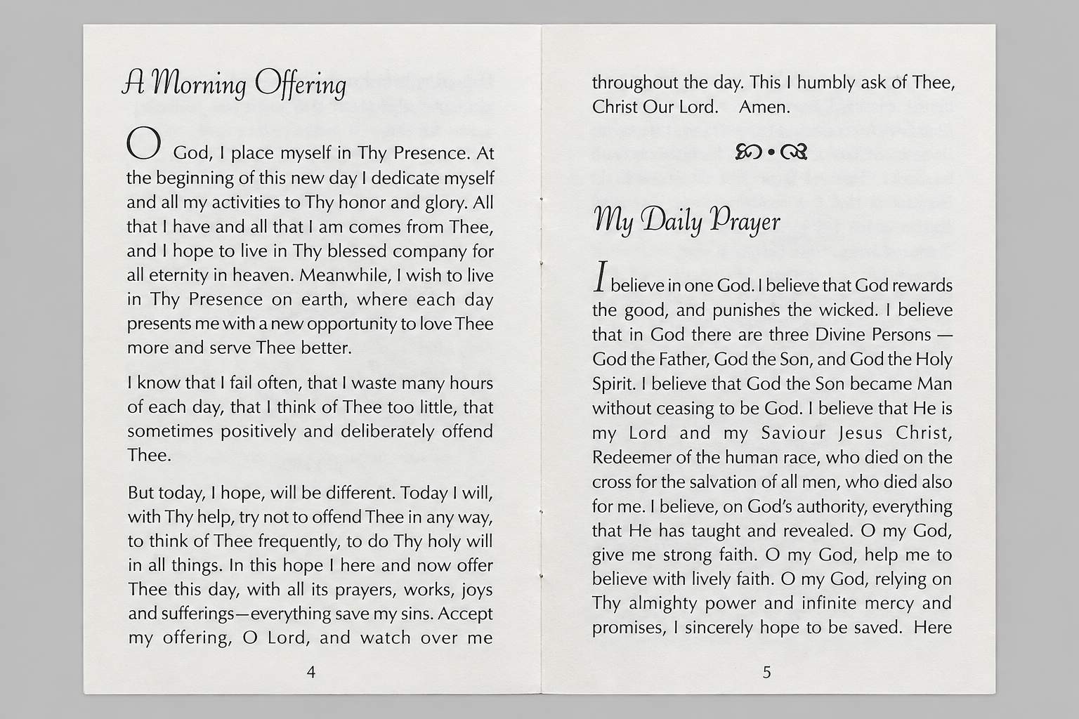 Pages 4 and 5 of Everybody’s Prayer Book, open to A Morning Offering and My Daily Prayer.
