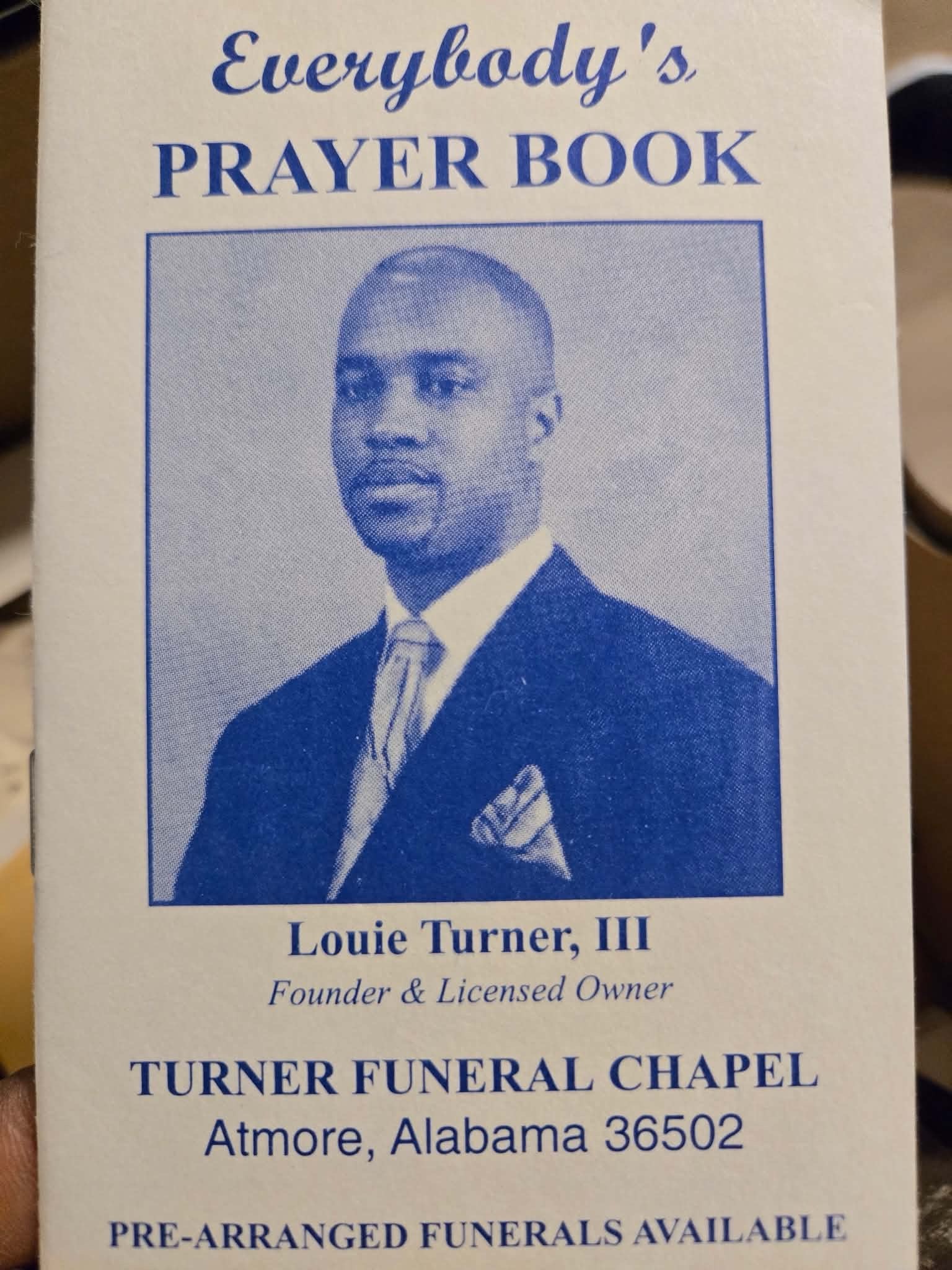 The cover of Everybody’s Prayer Book, printed for Turner Funeral Chapel, Atmore, Alabama.